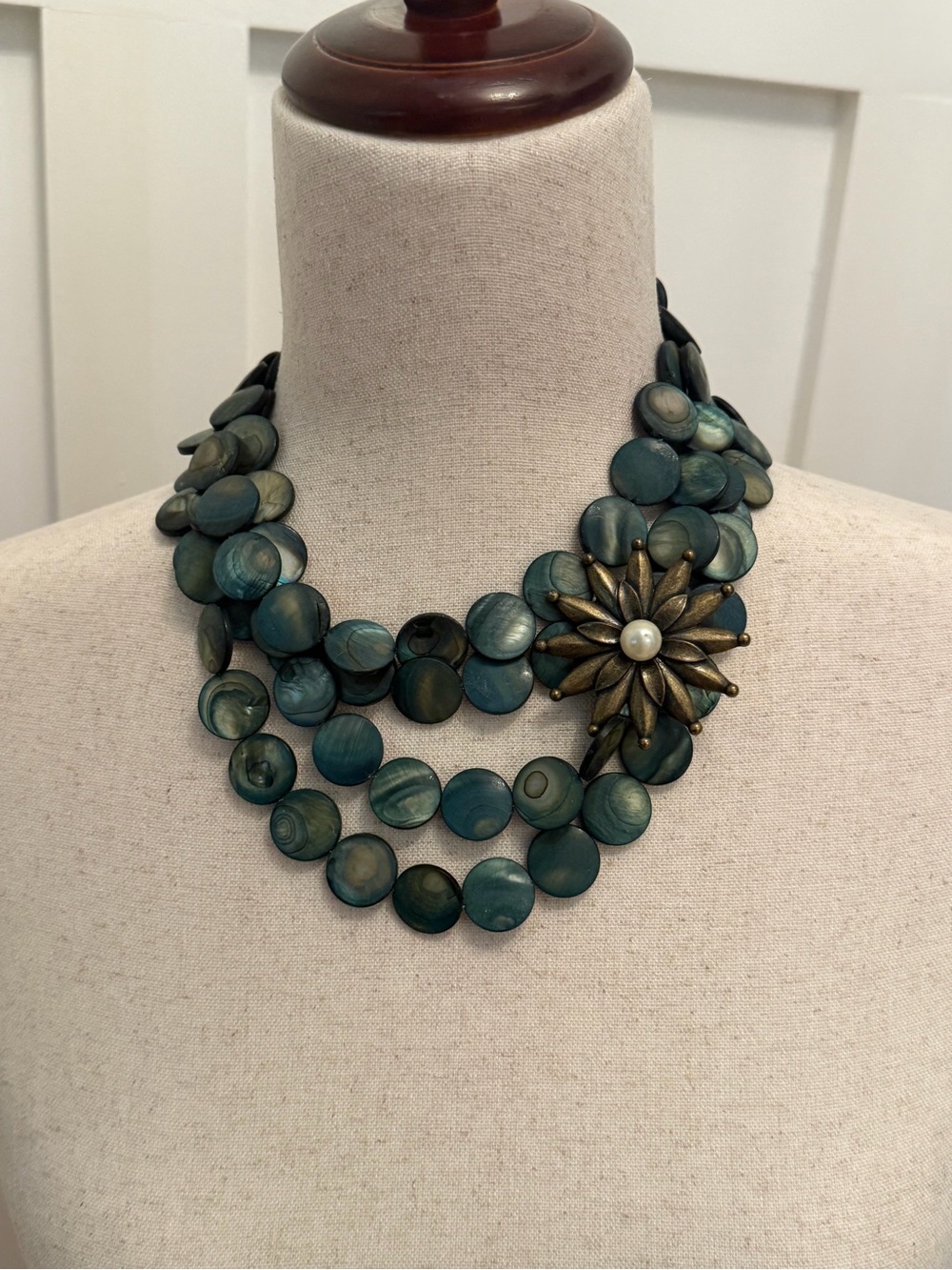 Teal Shell Multi-Strand Statement Necklace with Floral Accent